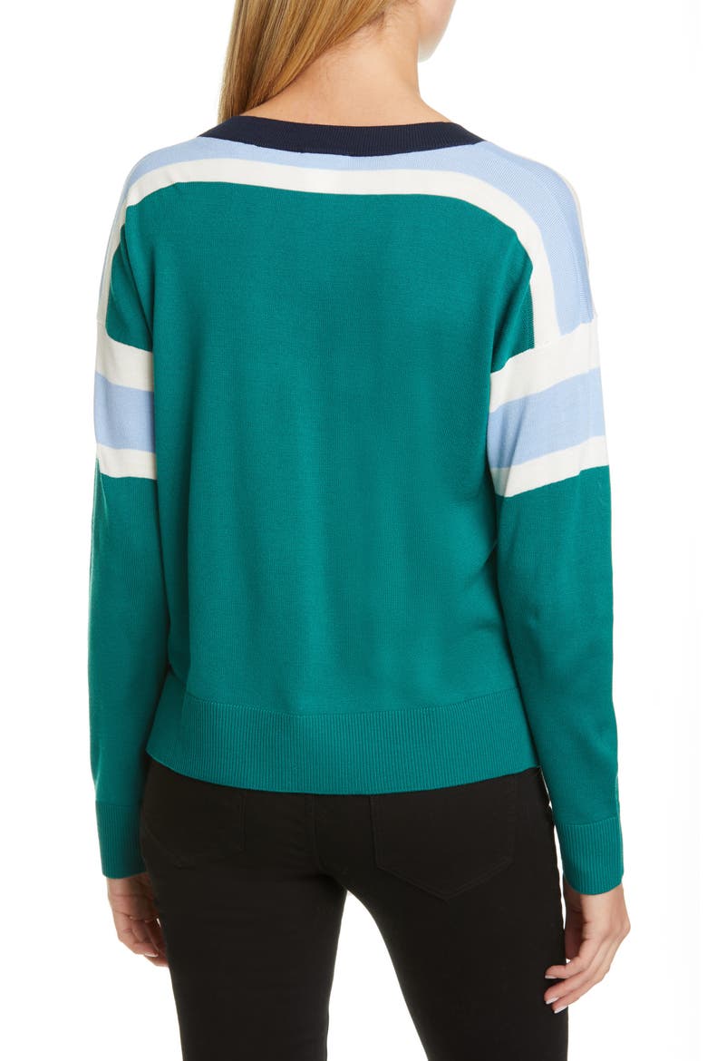 Stripe V-Neck Merino Wool Sweater, Alternate, color, SPRUCE/ SKY BLUE/ NIGHT