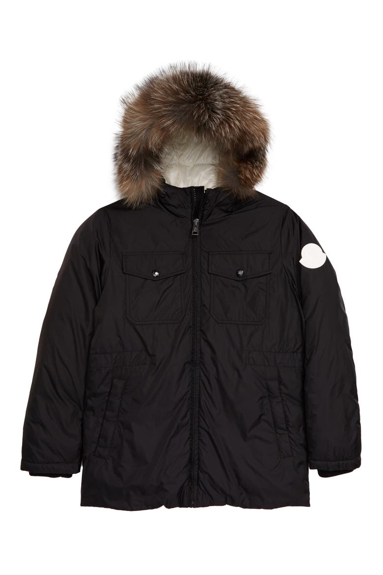 Menue Down Raincoat with Genuine Fox Fur Trim, Main, color, BLACK