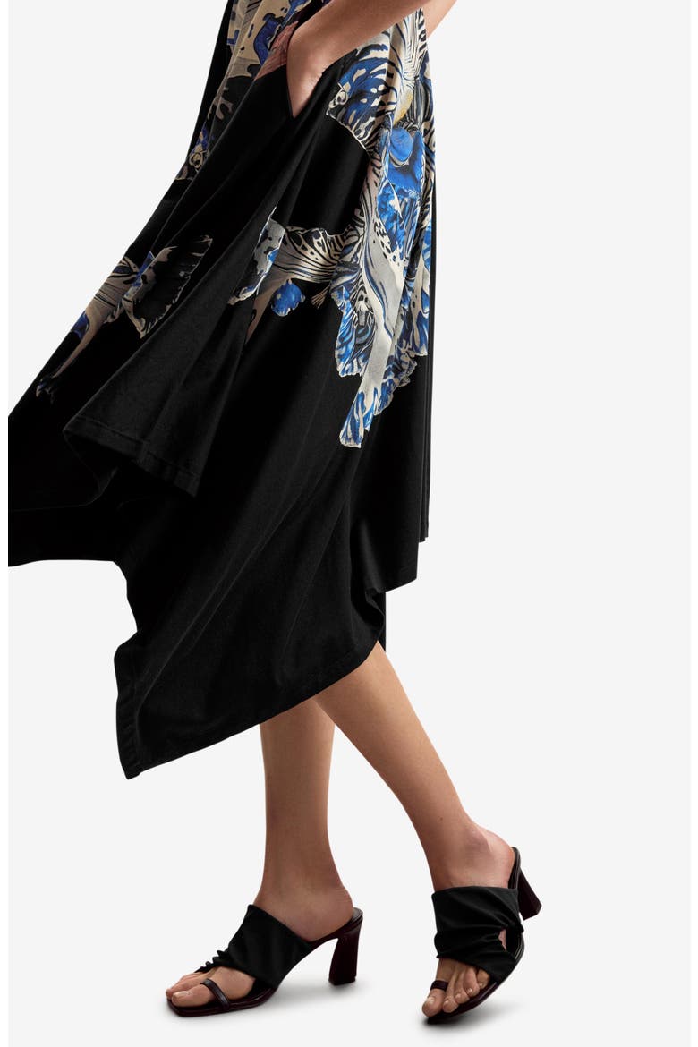 Placement Print Handkerchief Hem Stretch Cotton Dress, Alternate, color, BLACK