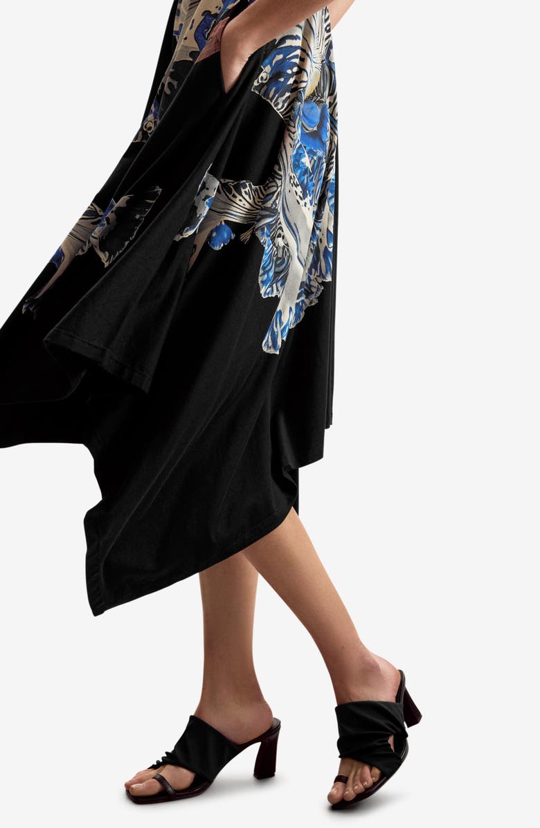 Desigual Placement Print Handkerchief Hem Stretch Cotton Dress, Alternate, color, Black