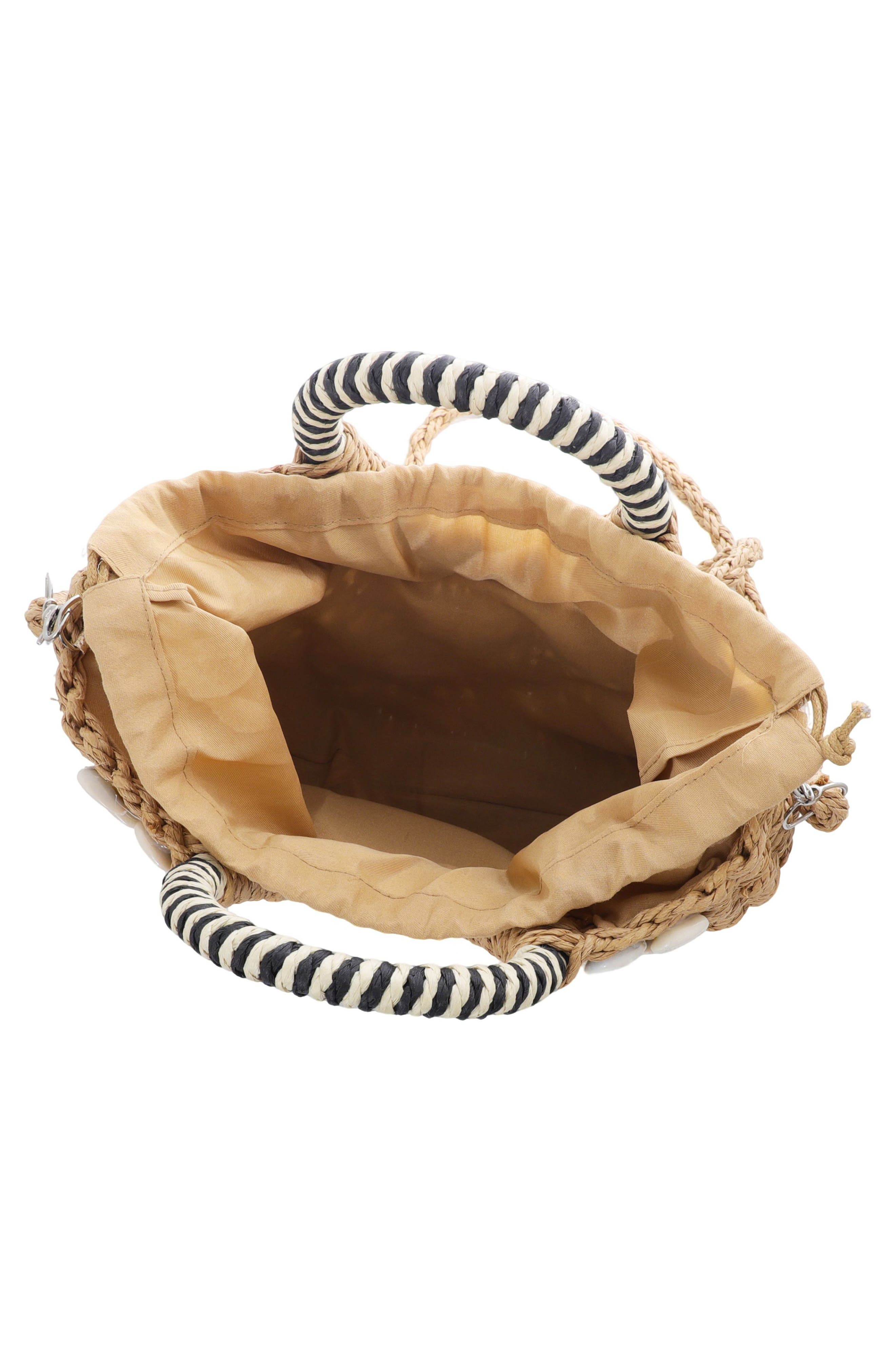 Adornia Basket Arc Handle Shell Embellished Straw Handbag, Alternate, color, Brown