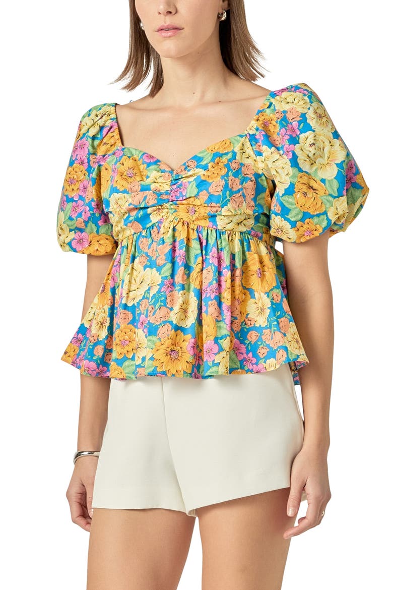 Floral Print Puff Sleeve Shirt, Alternate, color, BLUE MULTI