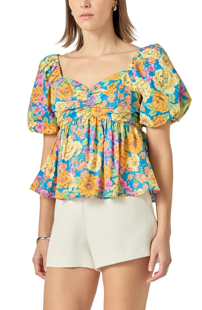 English Factory Floral Print Puff Sleeve Shirt, Alternate, color, Blue Multi