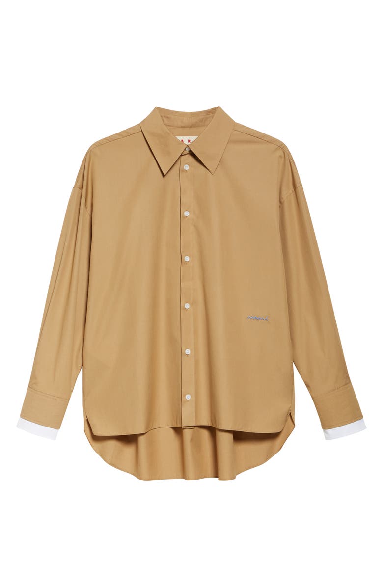 Marni Logo Embroidered High-Low Button-Up Shirt, Alternate, color,