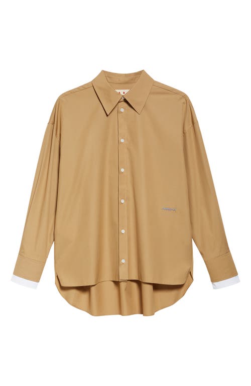Shop Marni Logo Embroidered High-low Button-up Shirt In Tan