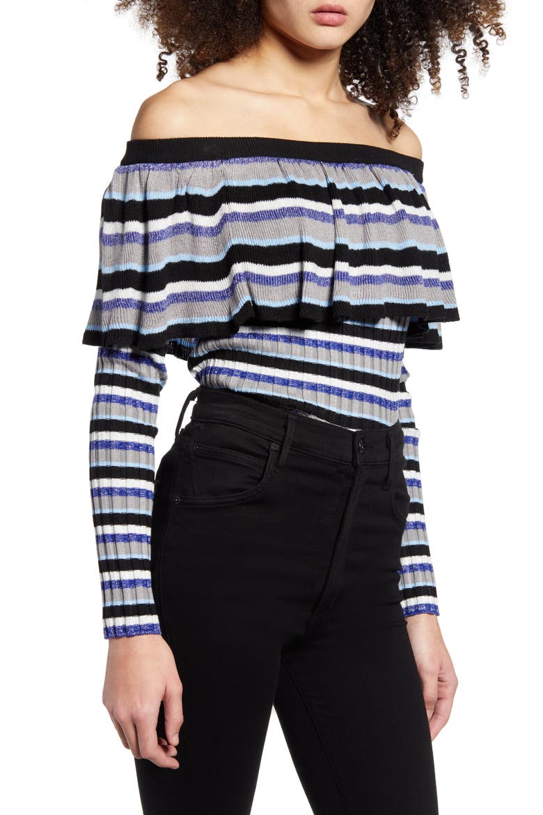 Stripe Off the Shoulder Sweater, Alternate, color, POWDER BLUE COMBO