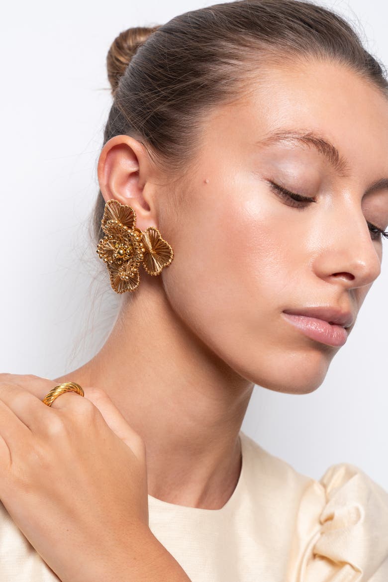 Silk Flower Statement Earrings in Gold, Alternate, color, Gold