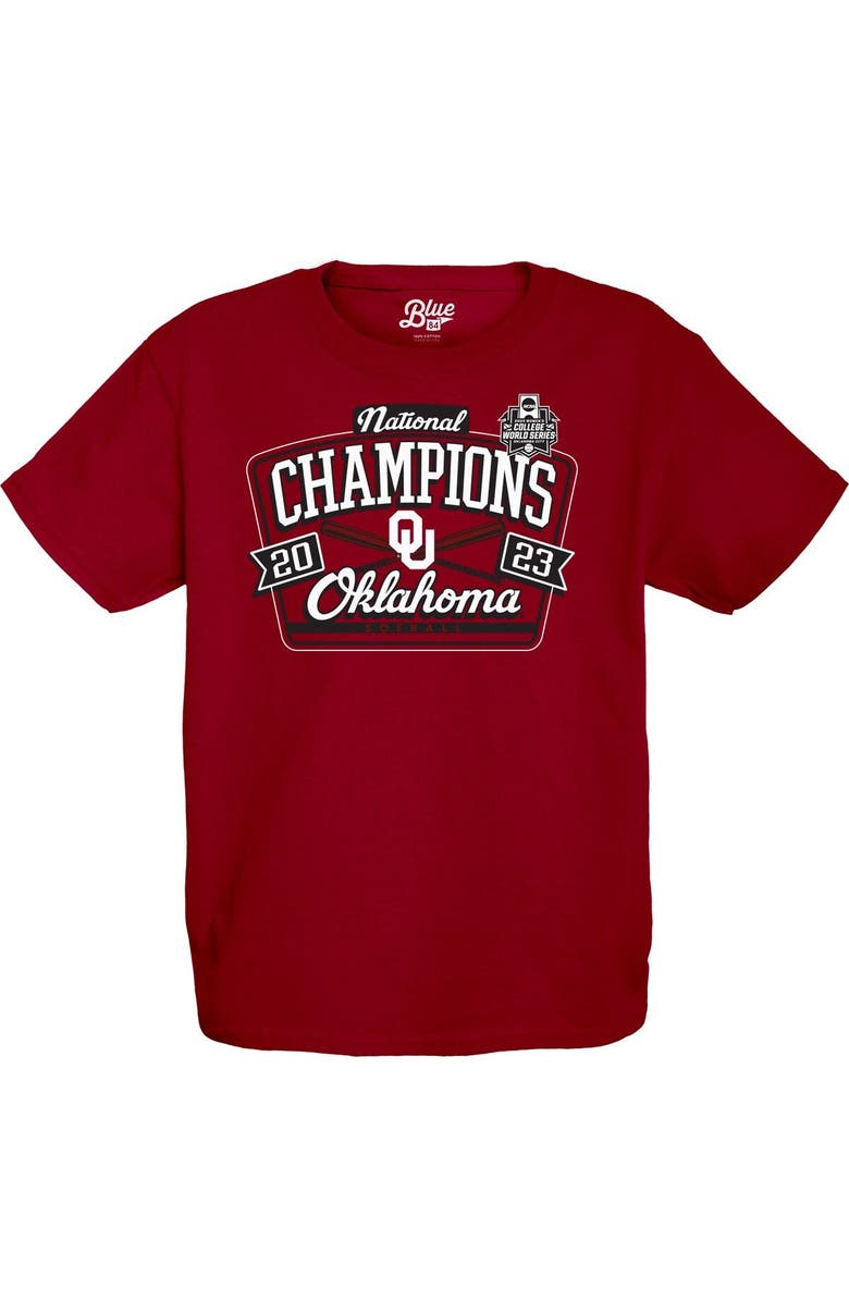 BLUE 84 Youth Blue 84  Crimson Oklahoma Sooners 2023 NCAA Softball Women's College World Series Champions Schedule T-Shirt, Alternate, color, 