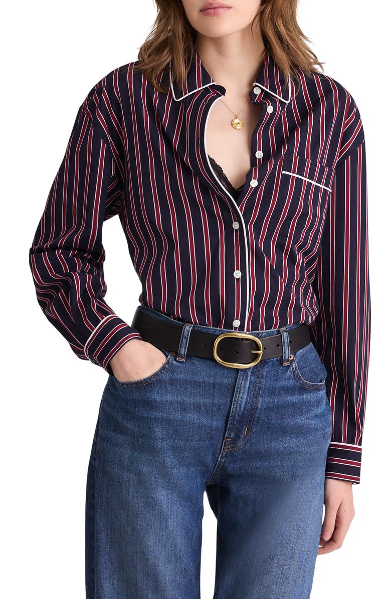 Madewell Stripe Poplin Long Button-Up Shirt, Main, color, Red Navy Stripe