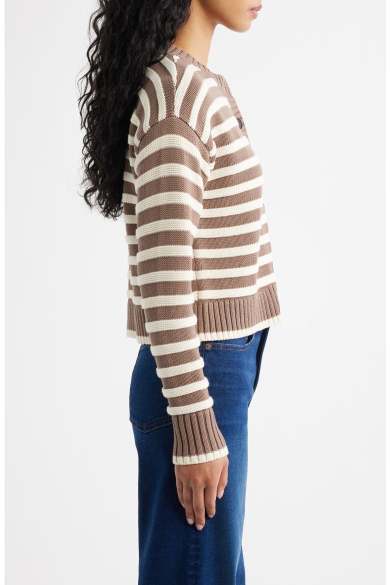 Button Front Cotton Crewneck Cardigan, Alternate, color, LIGHT UMBER AND IVORY