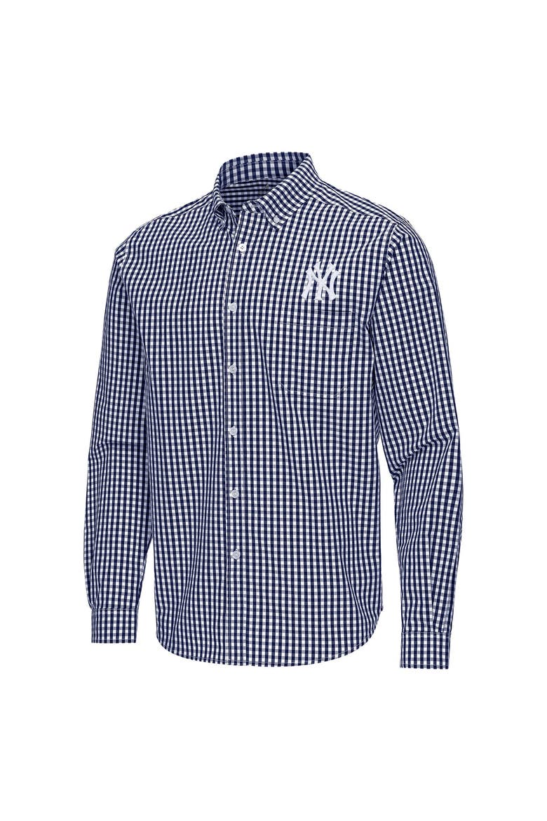 Men's Antigua Navy New York Yankees Ellis Woven Tri-Blend Button-Down Shirt, Alternate, color, Navy