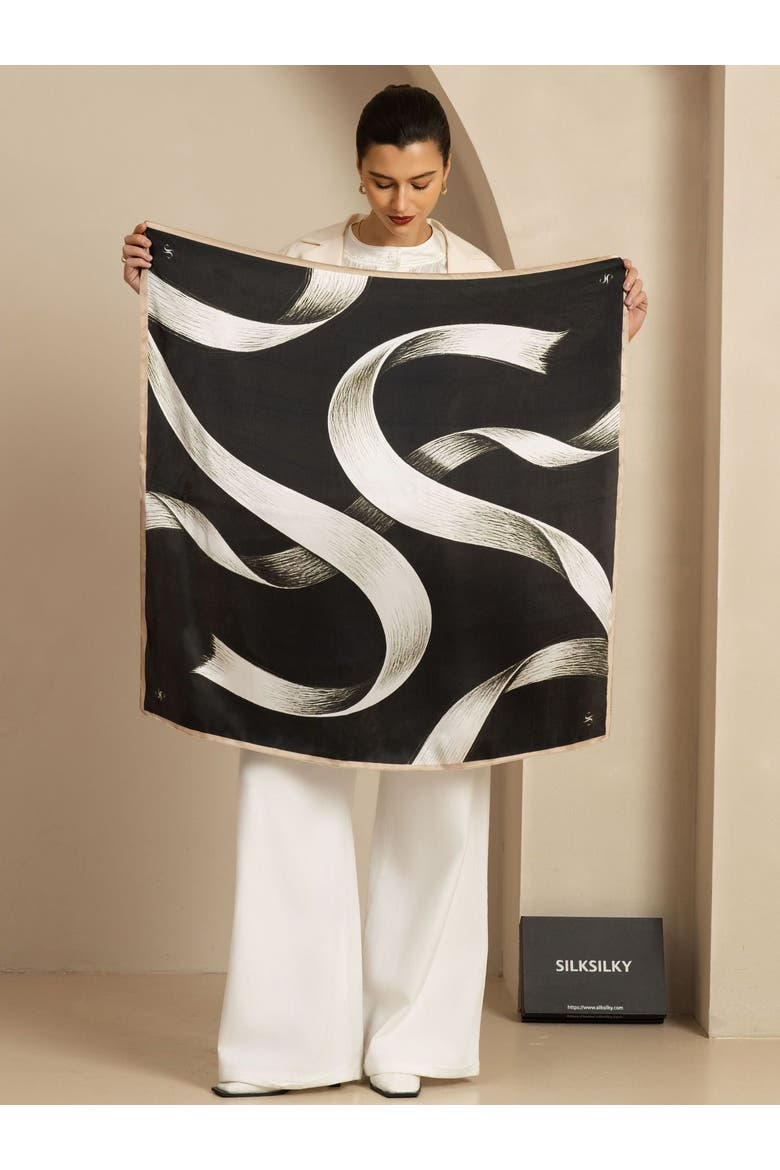 Pure Silk White Ribbon Square Scarf, Alternate, color, BLACK