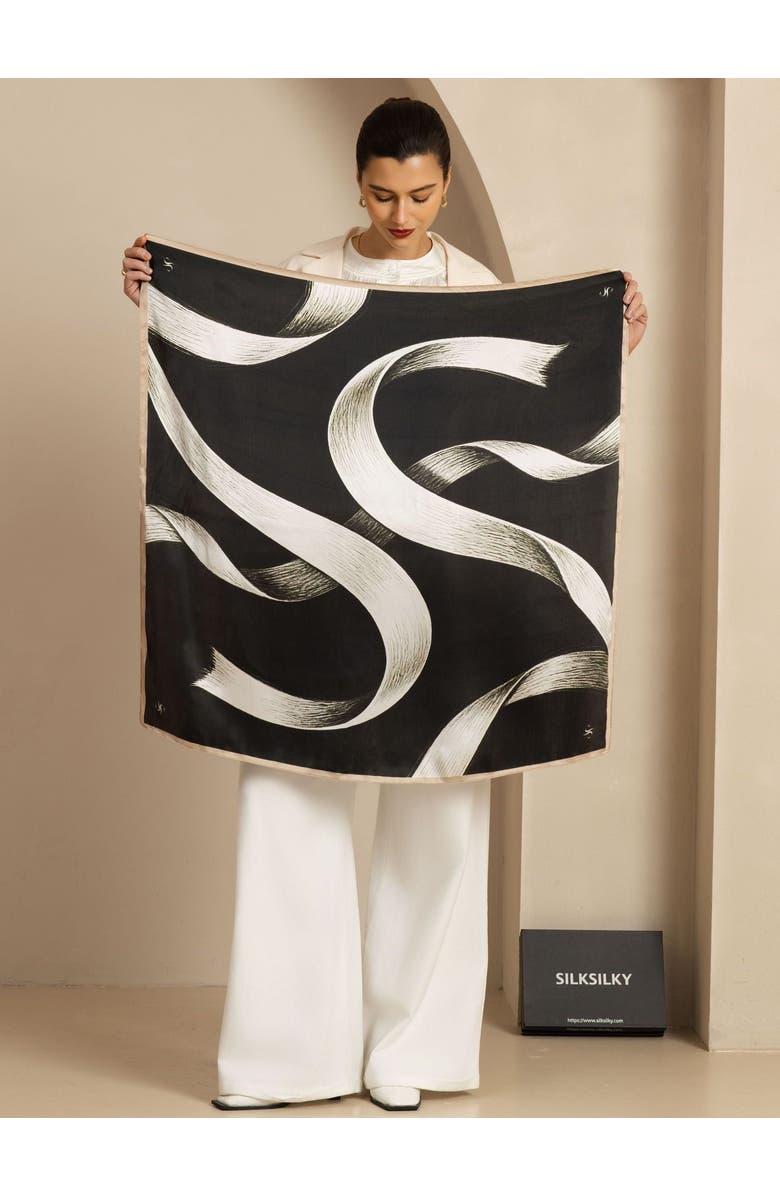 SILKSILKY Pure Silk White Ribbon Square Scarf, Alternate, color, Black