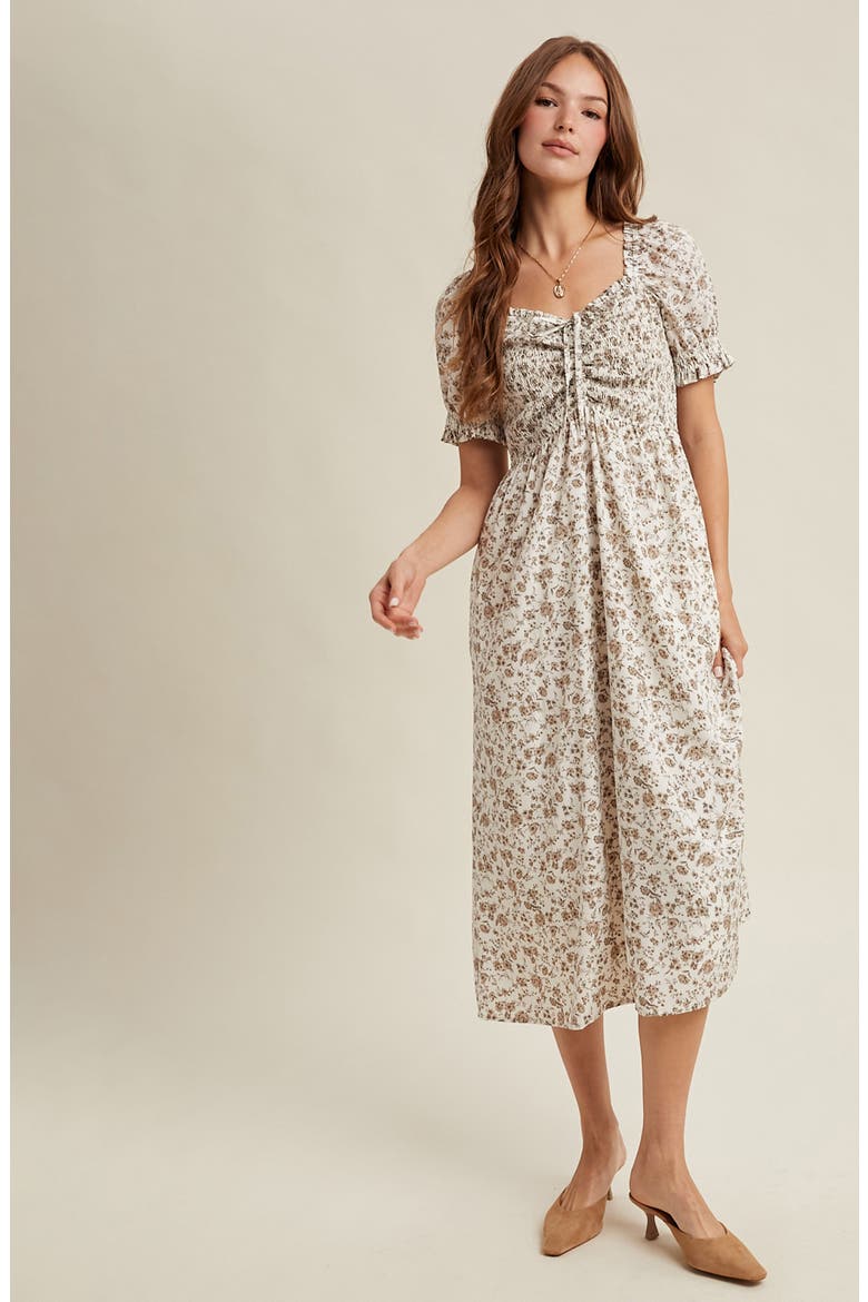 Floral Ruched Midi Dress, Alternate, color, CREAM/ TAUPE