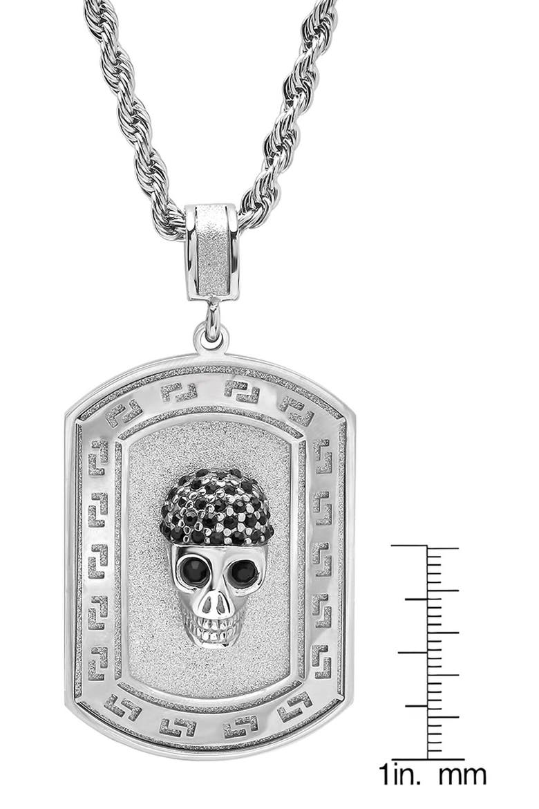 Men's Greek Key Skull Dog Tag Pendant Necklace, Alternate, color, SILVER