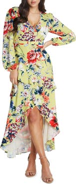 matty m. Asymmetrical Ruffle Floral Print Midi Dress