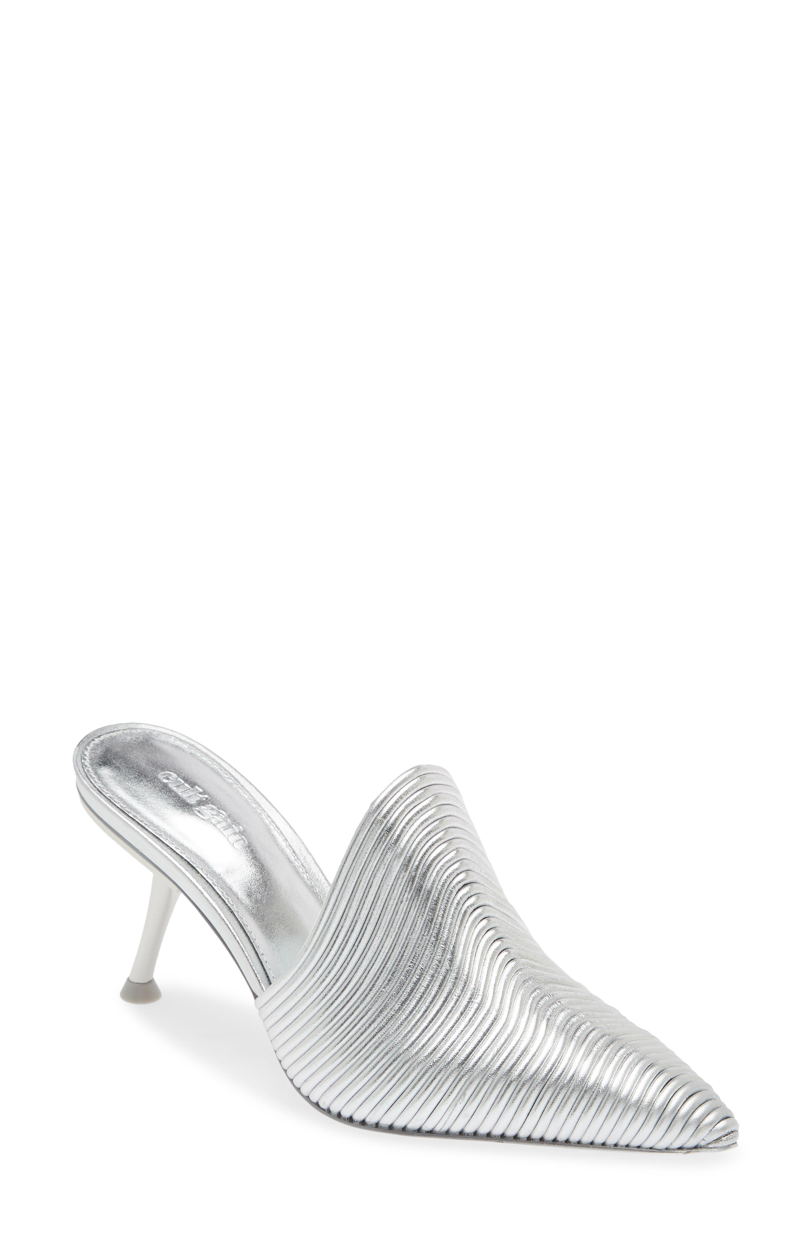 Mara Metallic Pointed Toe Mule, Main, color, BRIGHT SHINY SILVER
