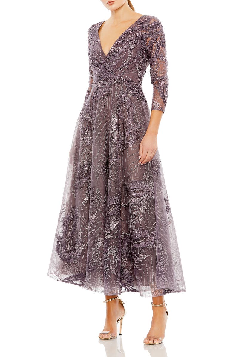 Mac Duggal Embellished Wrap Over 3/4 Sleeve Dress, Main, color, Aubergine