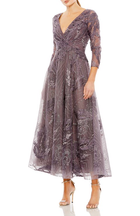 Embellished Wrap Over 3/4 Sleeve Dress