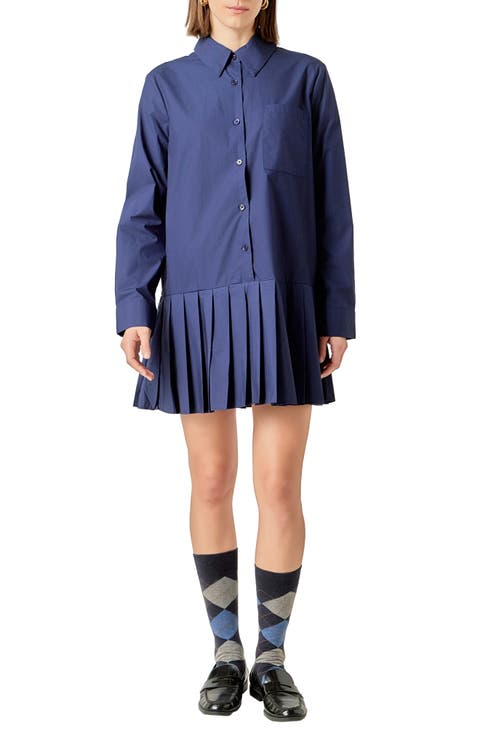 Pleated Long Sleeve Shirtdress