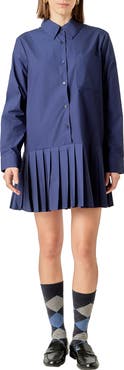 English Factory Pleated Long Sleeve Shirtdress