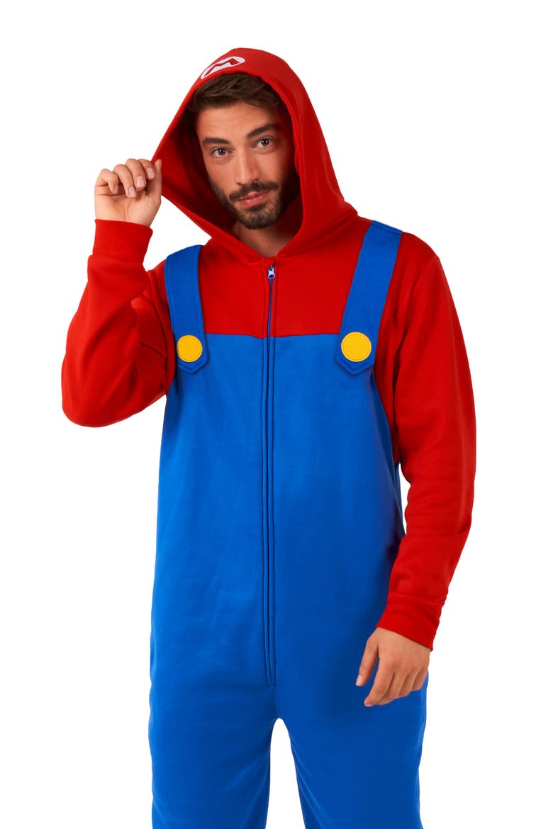 Super Mario™ Hooded Long Sleeve Fleece Jumpsuit, Alternate, color, BLUE