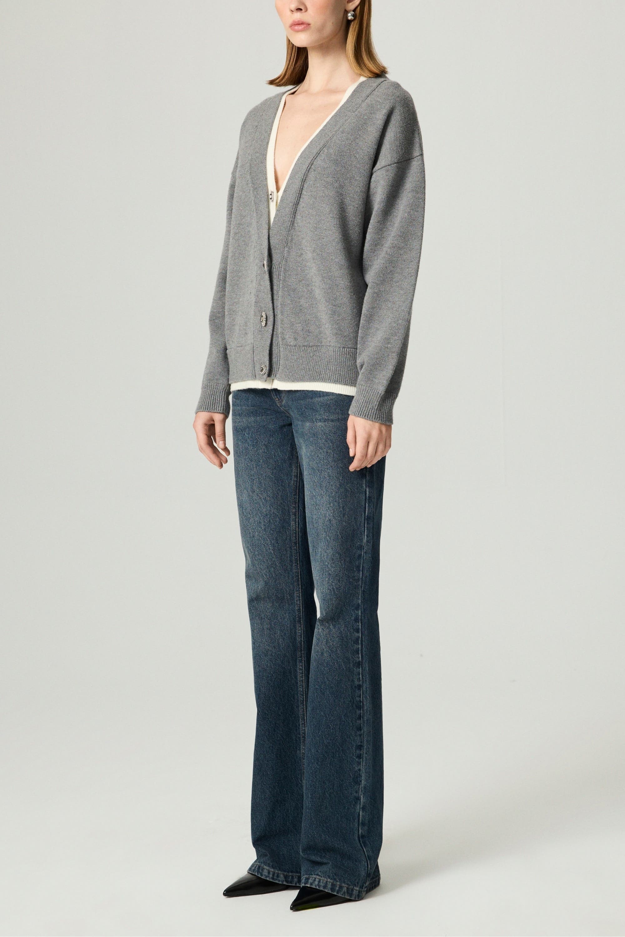 Crystal-Button V-Neck Cardigan - image 2