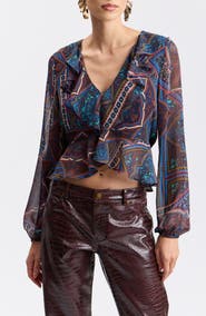 Avec Les Filles Ruffle Crinkle Chiffon Peplum Top