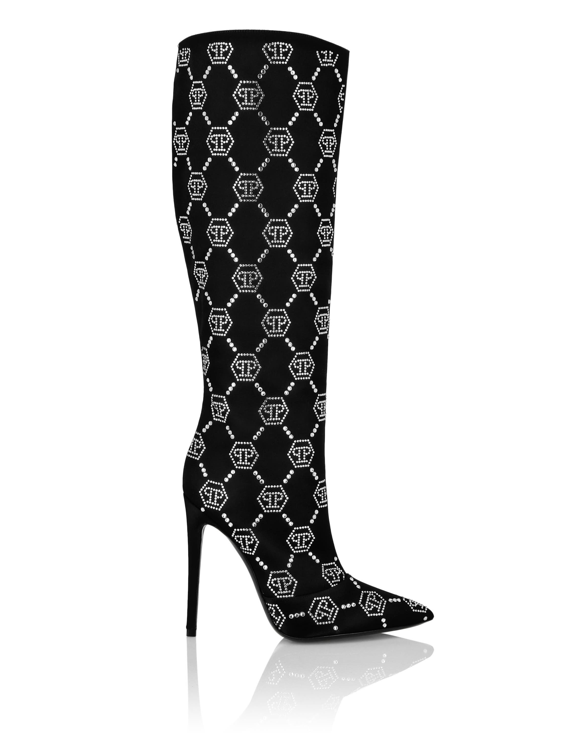 PHILIPP PLEIN Satin Boots High Heels Mid Strass Monogram Women, Alternate, color, Black/Crystal