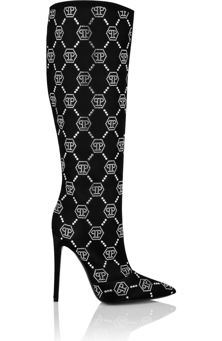 PHILIPP PLEIN Satin Boots High Heels Mid Strass Monogram Women, Alternate, color, Black/Crystal