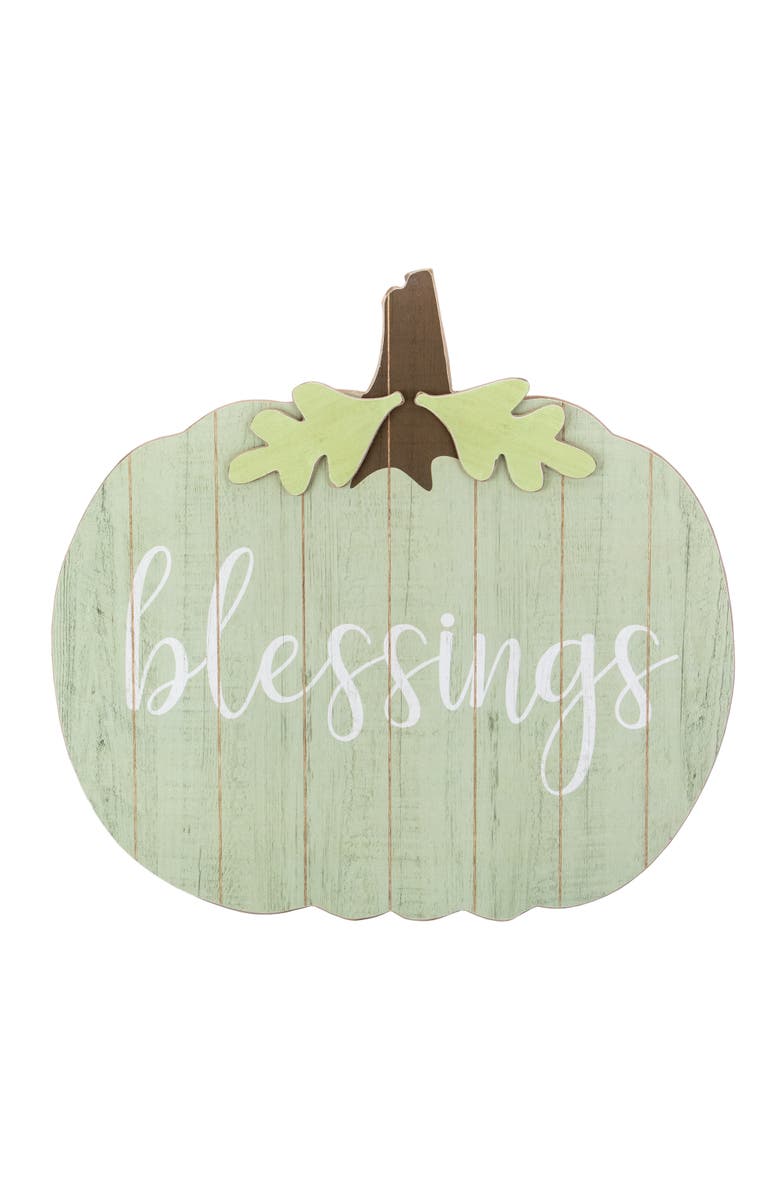 Northlight 20" Green and Brown Blessings Pumpkin Wooden Thanksgiving Hanging Wall Sign, Main, color, 