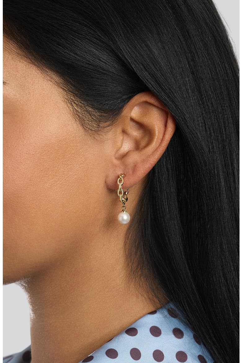 Simulated Pearl Chain Drop Hoop Earrings, Alternate, color, GOLD