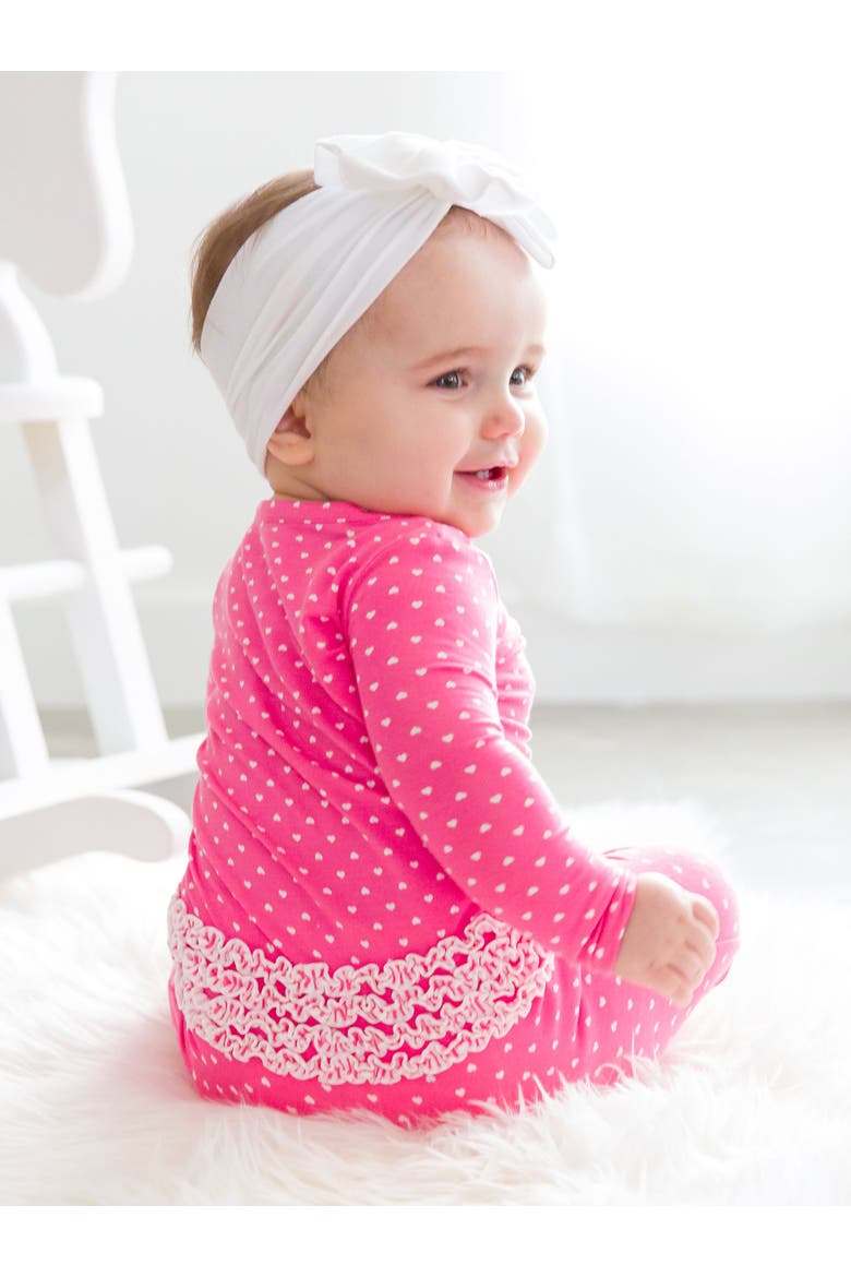 SoftSnooze Baby Girls Ruffle One Piece Footie Pajamas, Alternate, color, Hot Pink Heart Polka Dot