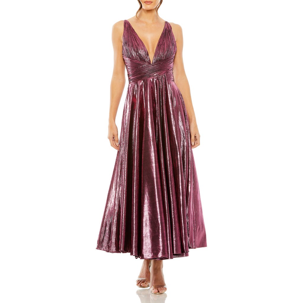 Mac Duggal Sleeveless V Neck Pleated Top Metallic Dress In Rose