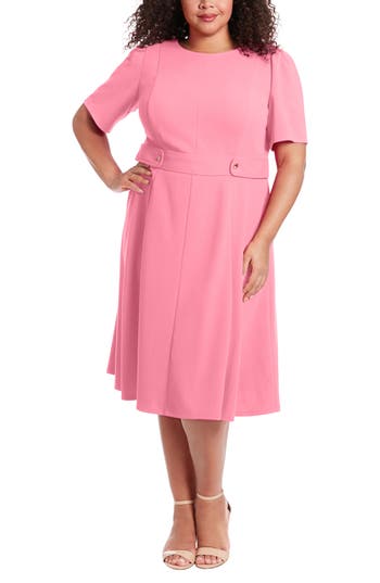 London Times Short Sleeve Fit & Flare Midi Dress In Pink
