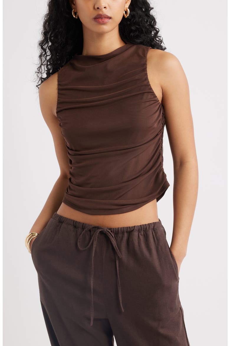 Ruched Mesh Tank Top, Main, color, BROWN TERRA