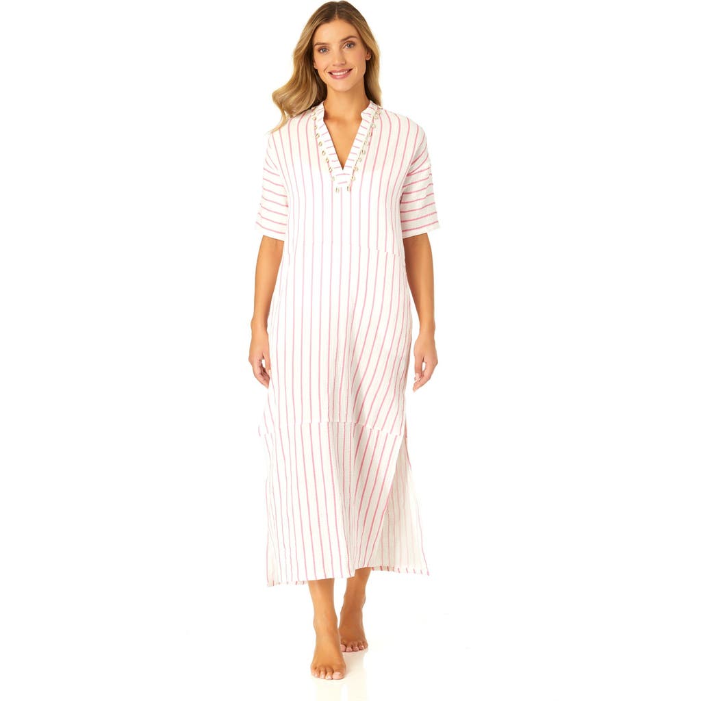 Anne Cole Maxi Dress With Side Slits And Shell Details Cover Up In Pink Cosmos Stripe