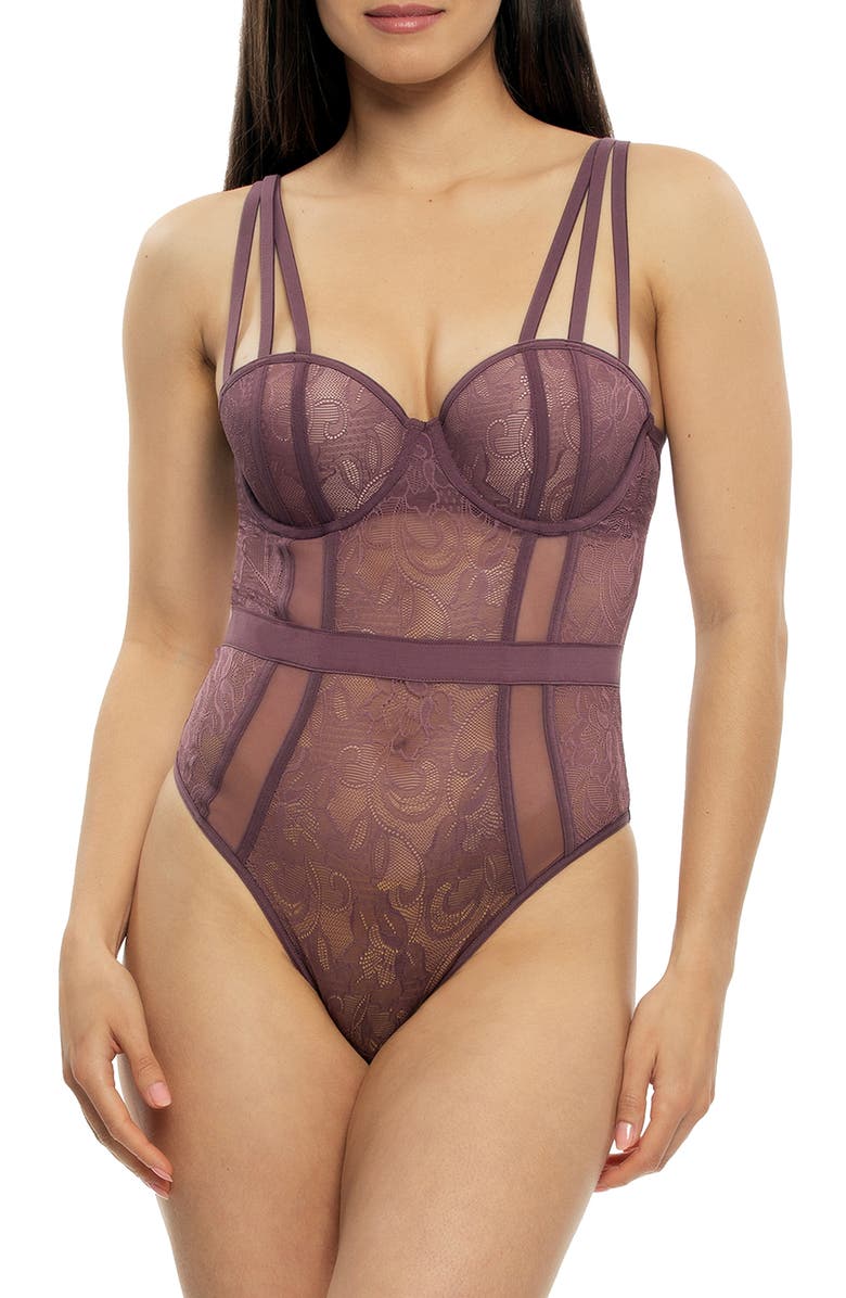 Felina Anika Strappy Underwire Lace & Mesh Teddy, Main, color, Plum Wine