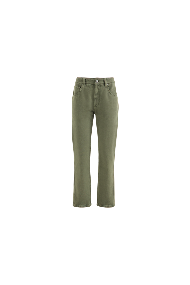 Dyed denim five-pocket straight trousers with shiny bartack, Alternate, color, Green