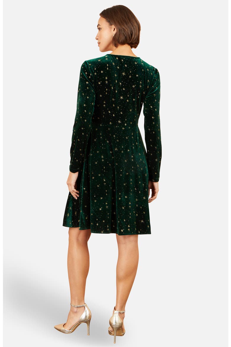 Foil Star Print Velvet Skater Dress, Alternate, color, Green