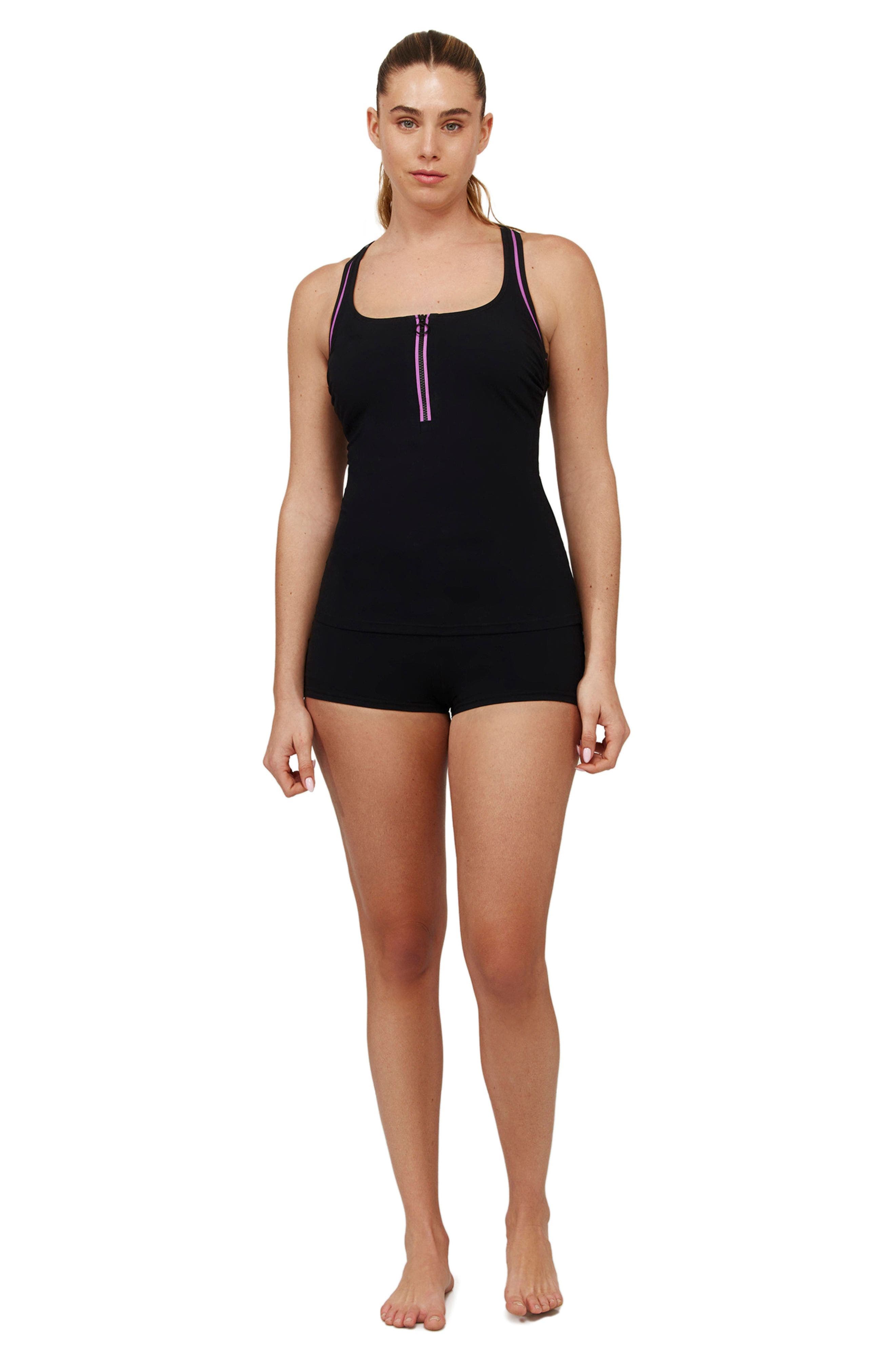 Free Sport by Gottex Duke Scoop Neck Tankini Top in Black-Purple 