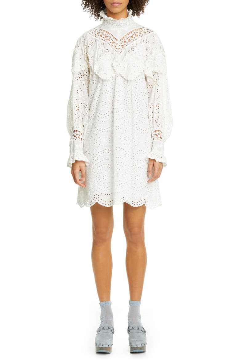 Eyelet Collage Long Sleeve Dress, Main, color, WHITE