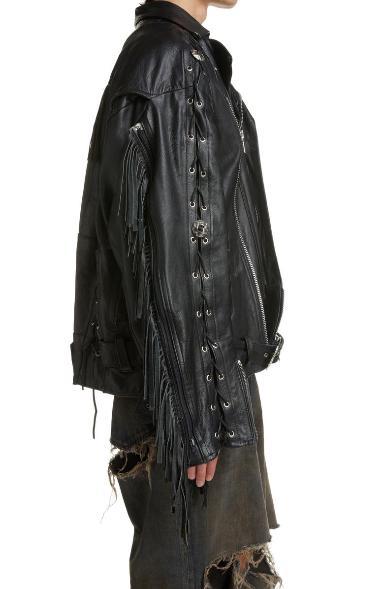 Balenciaga Fringe Detail Leather Biker Jacket, Alternate, color, 