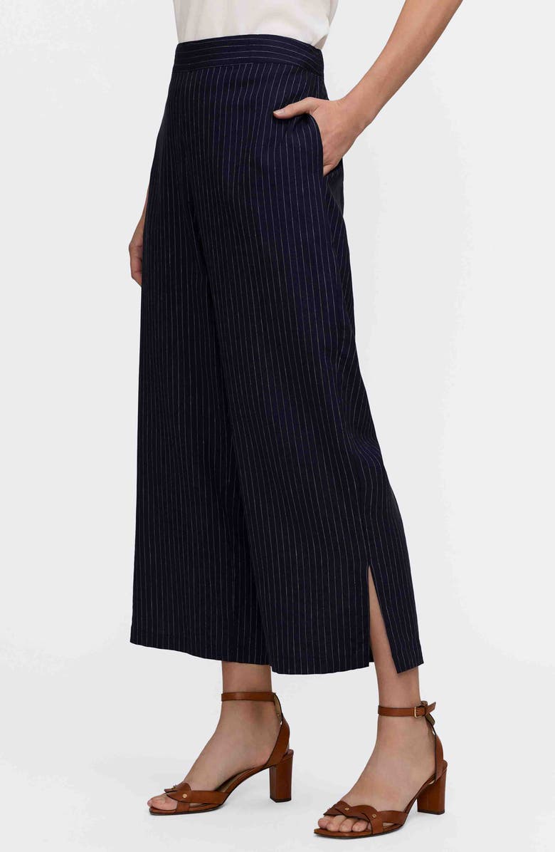Foxcroft Jenna Pinstripe Wide Leg Crop Linen Blend Pants, Alternate, color, Navy Blue/ White