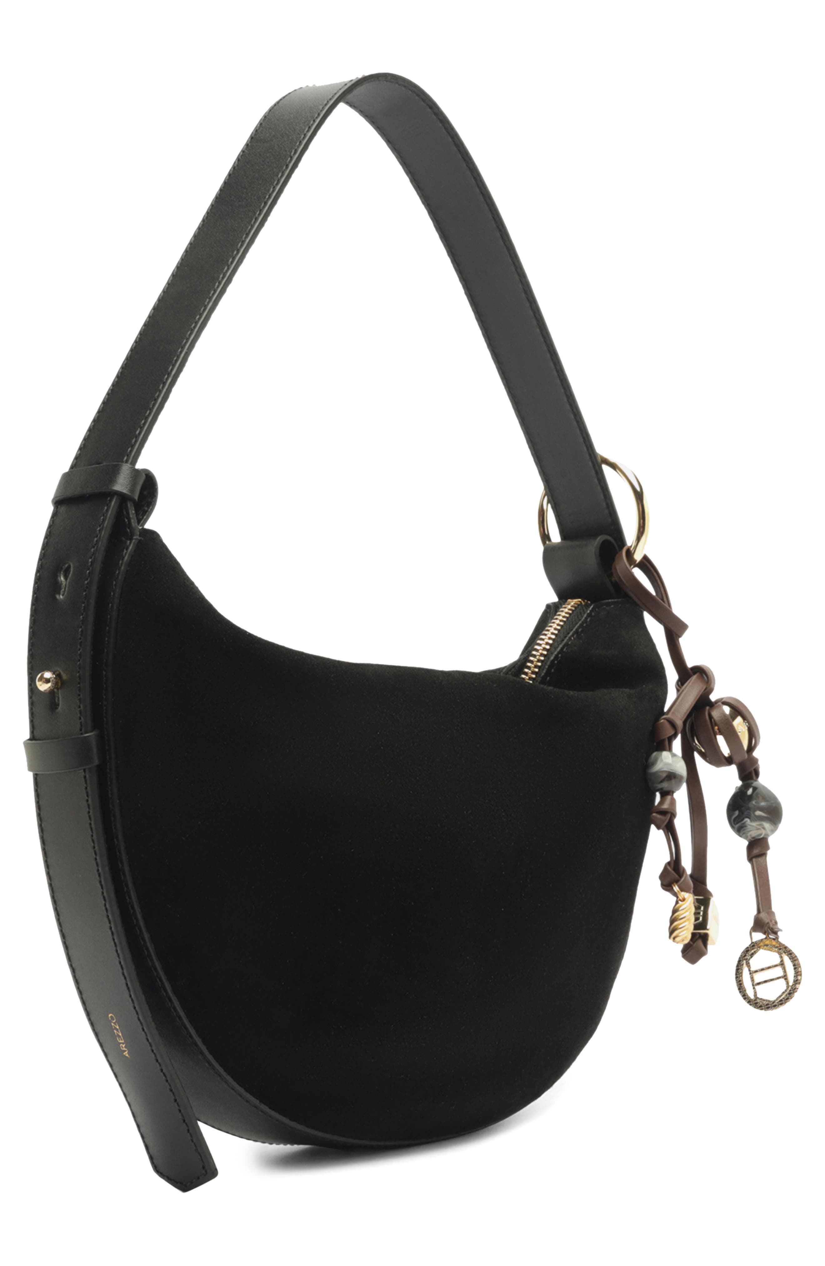 Arezzo Medium Simone Suede Shoulder Bag, Alternate, color, Preto/ Preto/ New Cocoa