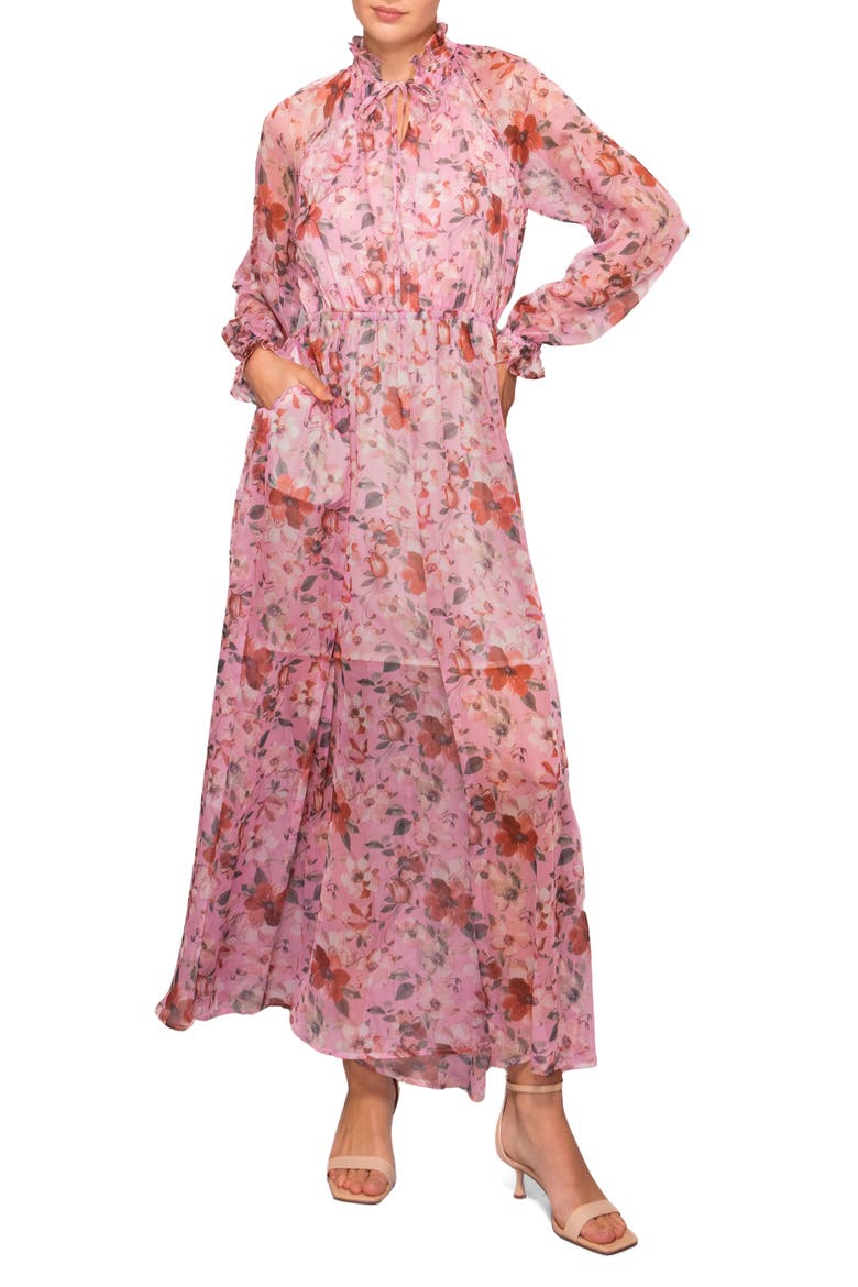 Long Sleeve Front Tie Maxi Dress, Main, color, PINK MULTI