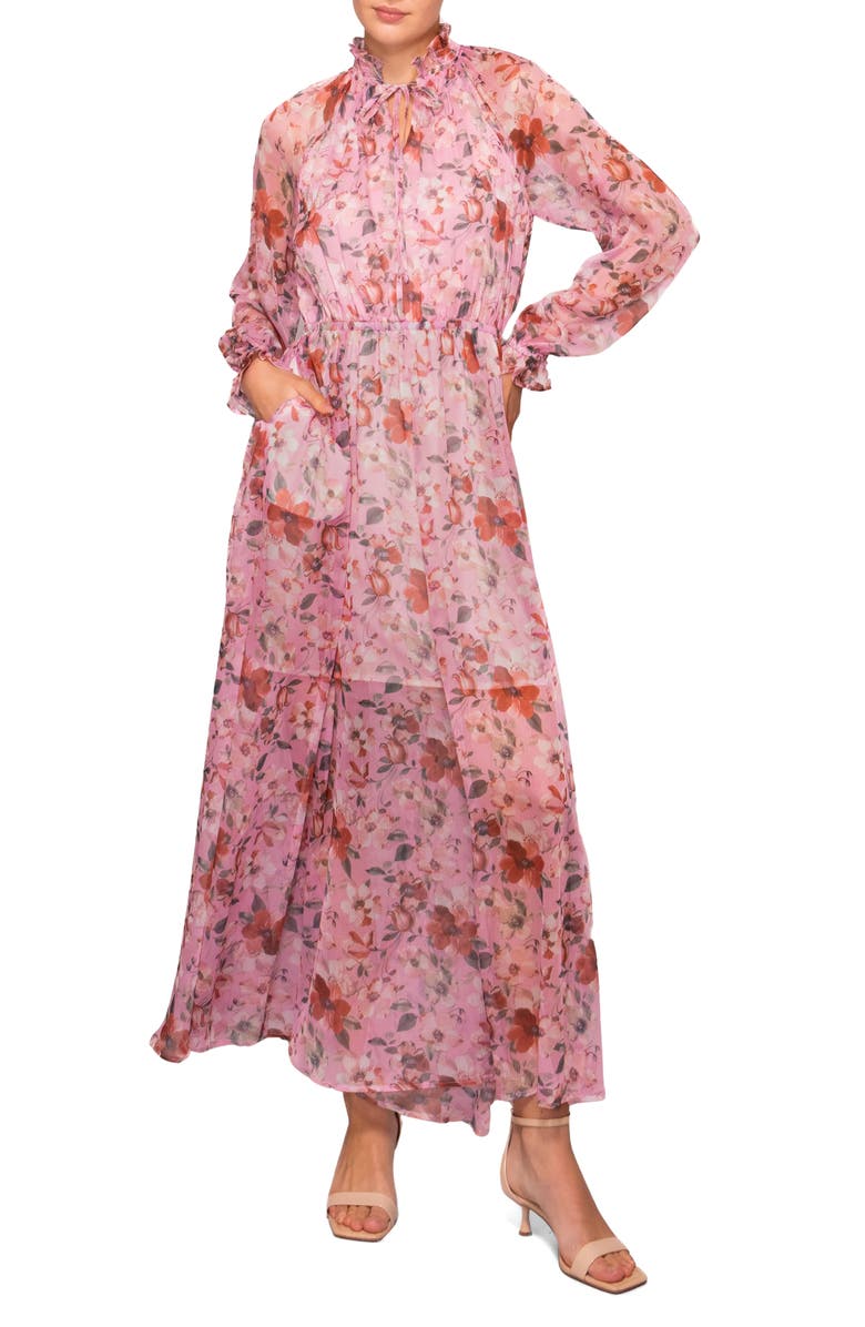 MELLODAY Long Sleeve Front Tie Maxi Dress, Main, color, Pink Multi