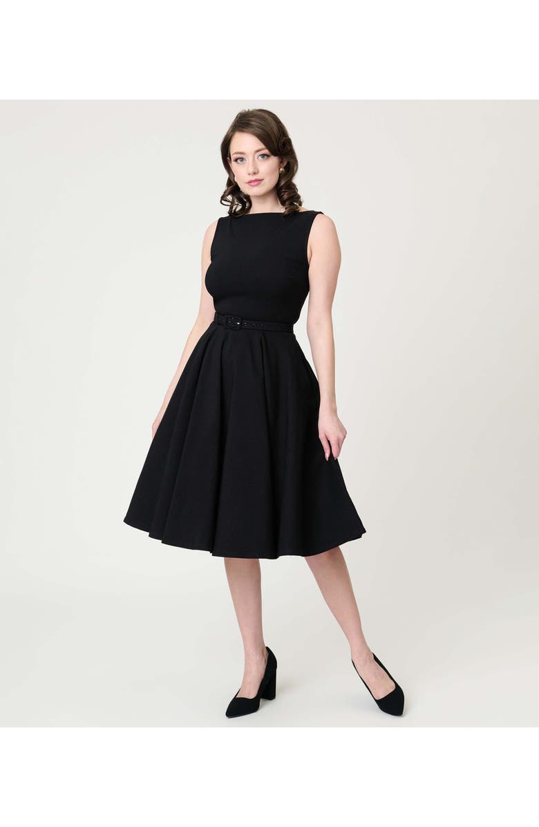 Unique Vintage Long Sleeve Belted Devon Swing Dress, Alternate, color, Black Solid