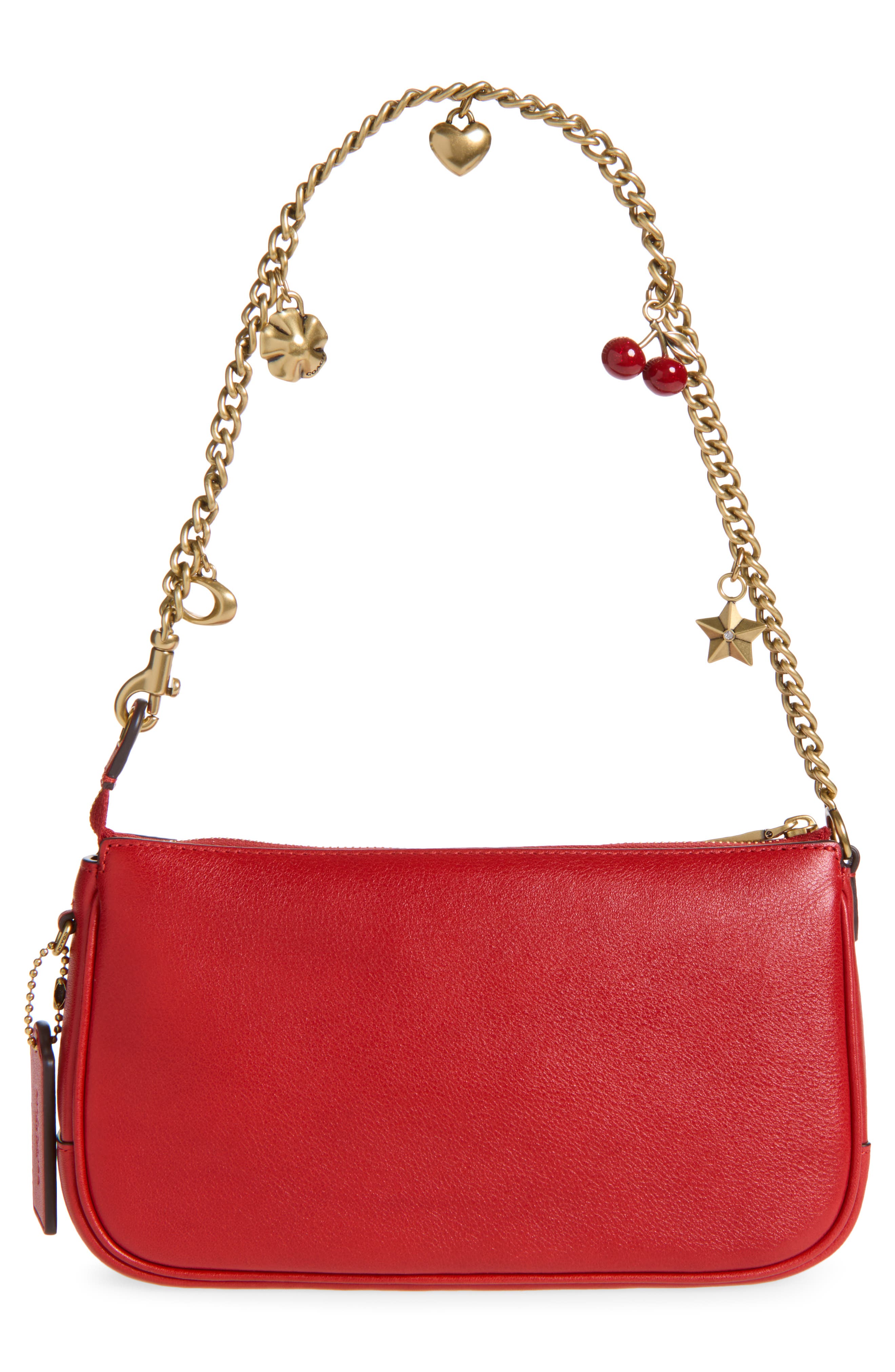 Plaza Leather Bag with Charm Chain Strap, Alternate, color, B4/ SCARLET