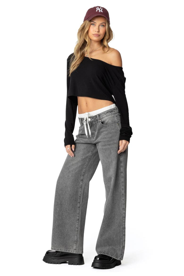 One-Shoulder Long Sleeve Crop Top, Alternate, color, BLACK